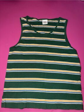 ZARA Green Striped Ribbed Tank Top Scoop Neck Medium